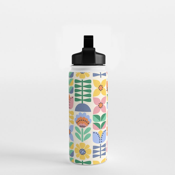 Retro Folk and Floral Colorful Pastel Flower Grid Cream Water Bottle Gallery Image 2