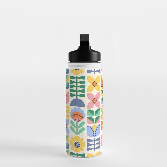 Retro Folk and Floral Colorful Pastel Flower Grid Cream Water Bottle Gallery Image 3