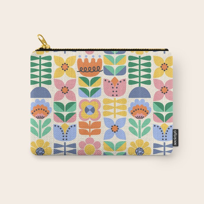 Retro Folk and Floral Colorful Pastel Flower Grid Cream Carry All Pouch Gallery Image 1