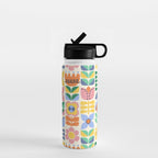 Retro Folk and Floral Colorful Pastel Flower Grid Cream Water Bottle Gallery Image 1