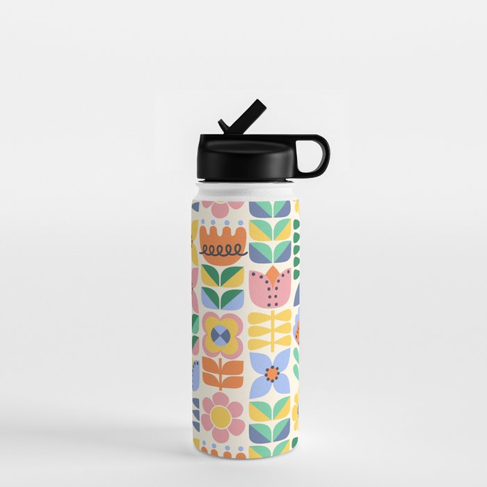 Retro Folk and Floral Colorful Pastel Flower Grid Cream Water Bottle Gallery Image 1