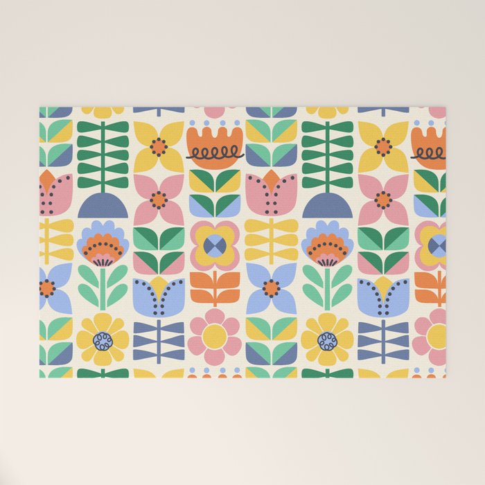 Retro Folk and Floral Colorful Pastel Flower Grid Cream Welcome Mat Gallery Image 1