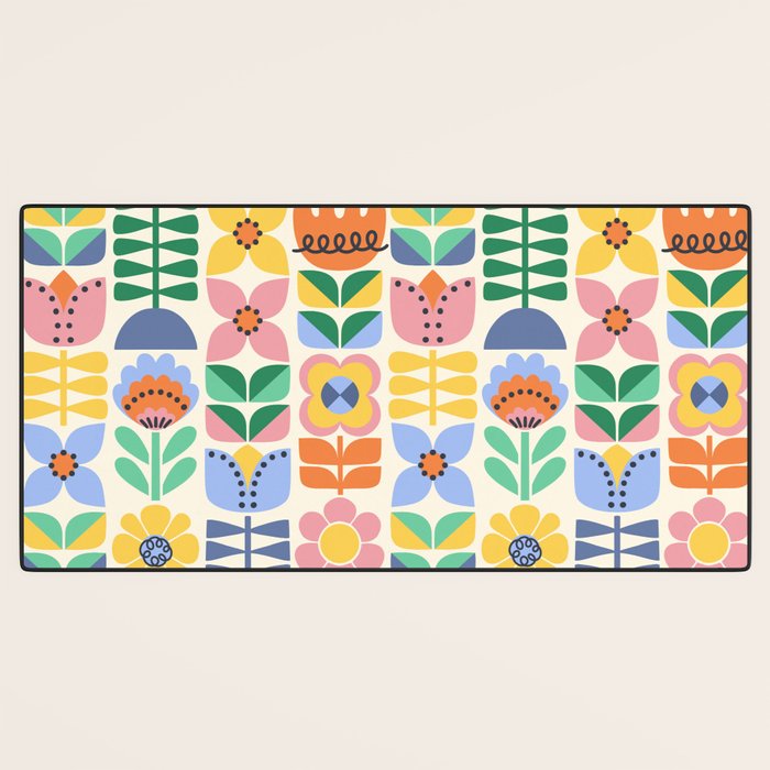 Retro Folk and Floral Colorful Pastel Flower Grid Cream Desk Mat Gallery Image 3