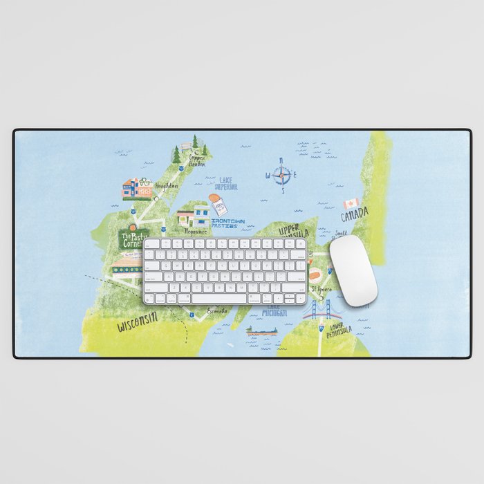 Map of Northern Michigan - Pasty Tour in Blue Desk Mat Gallery Image 1