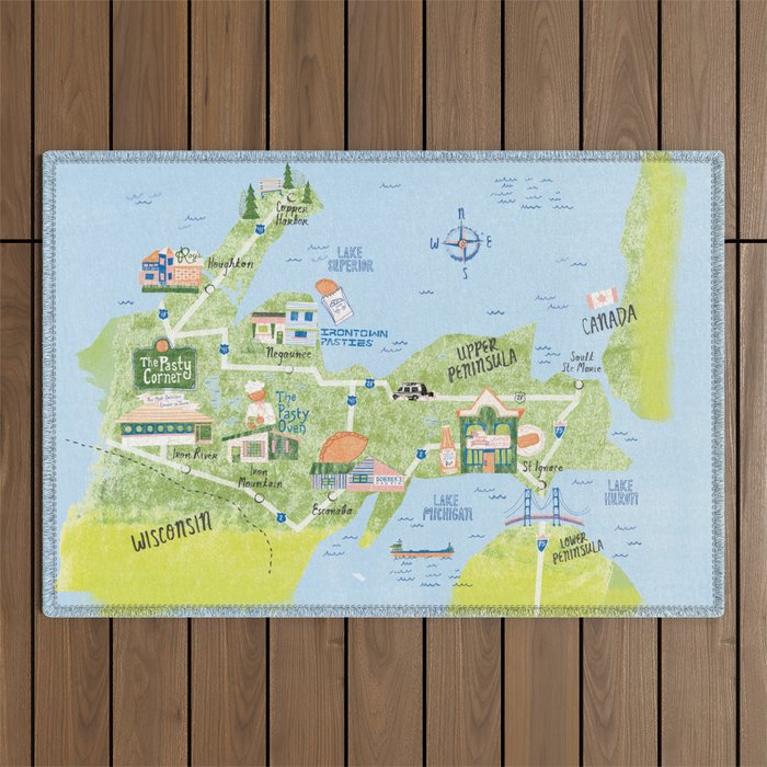 Map of Northern Michigan - Pasty Tour in Blue Outdoor Rug Gallery Image 1