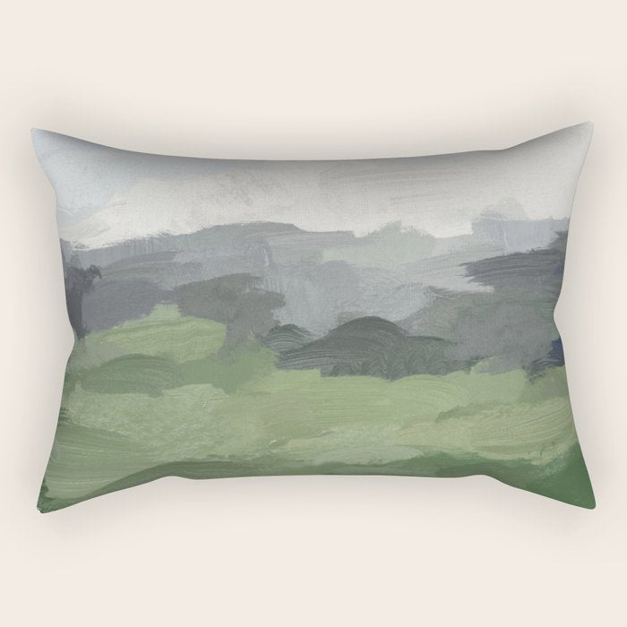 New Beginnings - Sky Blue and Forest Green Rural Country Farm Land Nature Abstract Painting Art Rectangular Pillow Gallery Image 2