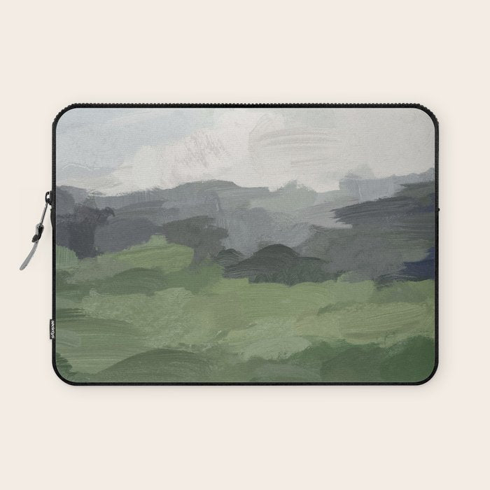 New Beginnings - Sky Blue and Forest Green Rural Country Farm Land Nature Abstract Painting Art Laptop Sleeve Gallery Image 1