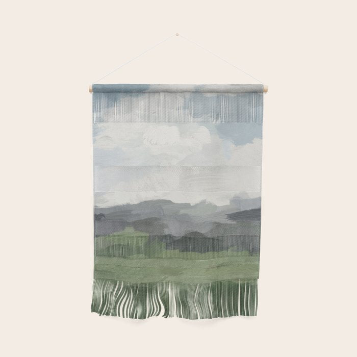 New Beginnings - Sky Blue and Forest Green Rural Country Farm Land Nature Abstract Painting Art Wall Hanging Gallery Image 1