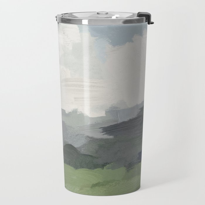 New Beginnings - Sky Blue and Forest Green Rural Country Farm Land Nature Abstract Painting Art Travel Mug Gallery Image 2