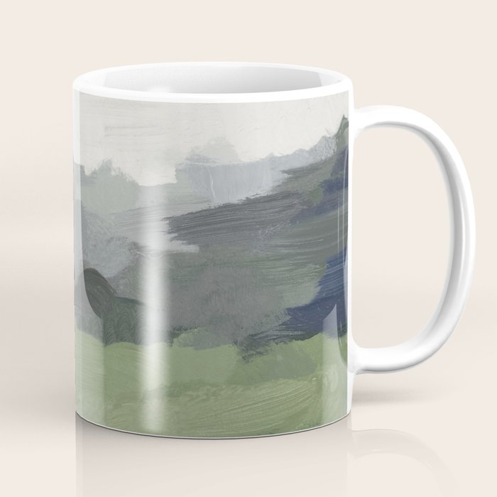 New Beginnings - Sky Blue and Forest Green Rural Country Farm Land Nature Abstract Painting Art Coffee Mug Gallery Image 1