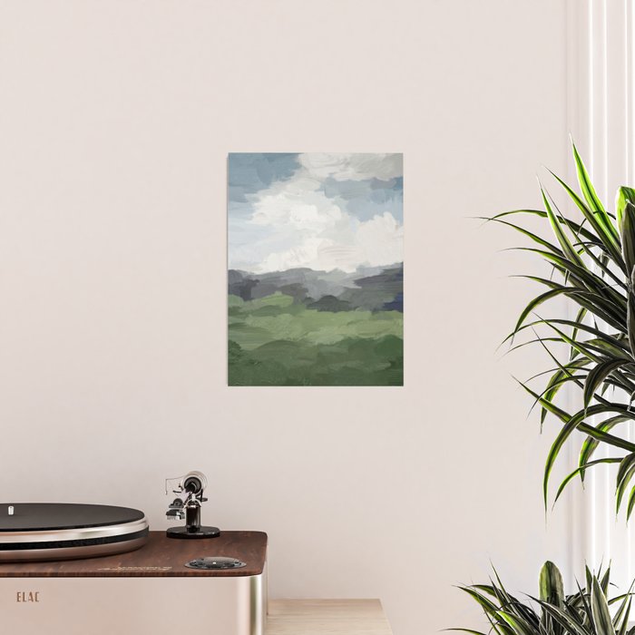 New Beginnings - Sky Blue and Forest Green Rural Country Farm Land Nature Abstract Painting Art Poster Gallery Image 2
