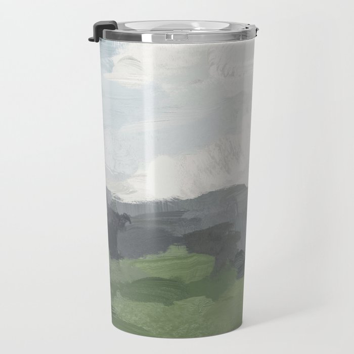 New Beginnings - Sky Blue and Forest Green Rural Country Farm Land Nature Abstract Painting Art Travel Mug Gallery Image 3
