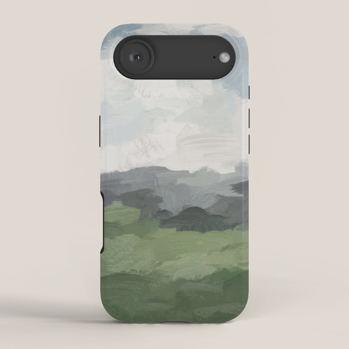 New Beginnings - Sky Blue and Forest Green Rural Country Farm Land Nature Abstract Painting Art iPhone Case Gallery Image 2