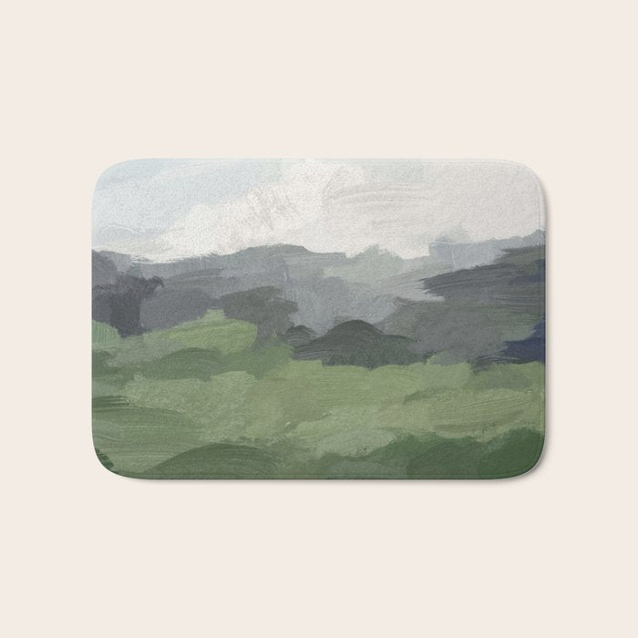 New Beginnings - Sky Blue and Forest Green Rural Country Farm Land Nature Abstract Painting Art Bath Mat Gallery Image 1