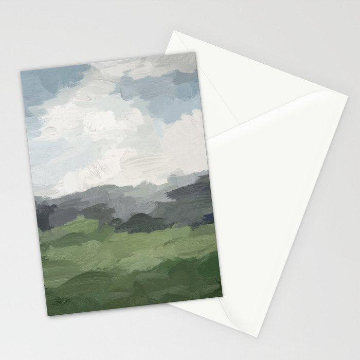 New Beginnings - Sky Blue and Forest Green Rural Country Farm Land Nature Abstract Painting Art Stationery Card Gallery Image 2
