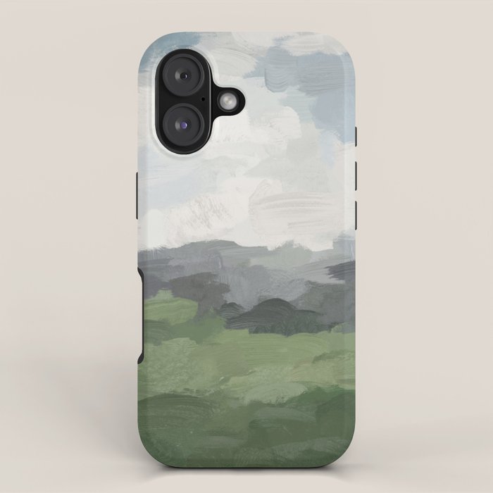 New Beginnings - Sky Blue and Forest Green Rural Country Farm Land Nature Abstract Painting Art iPhone Case Gallery Image 1