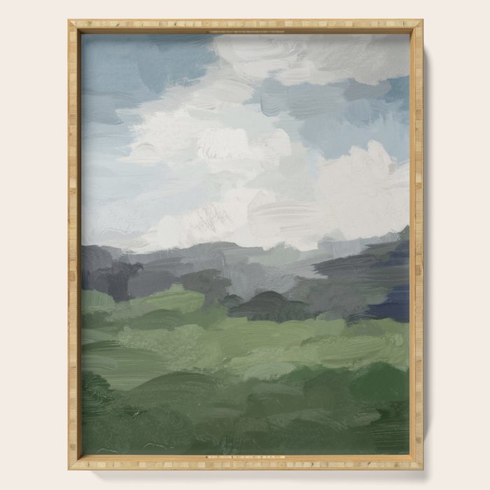 New Beginnings - Sky Blue and Forest Green Rural Country Farm Land Nature Abstract Painting Art Serving Tray Gallery Image 1