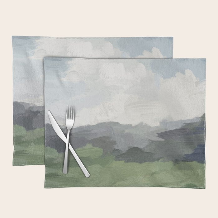 New Beginnings - Sky Blue and Forest Green Rural Country Farm Land Nature Abstract Painting Art Placemat Gallery Image 1