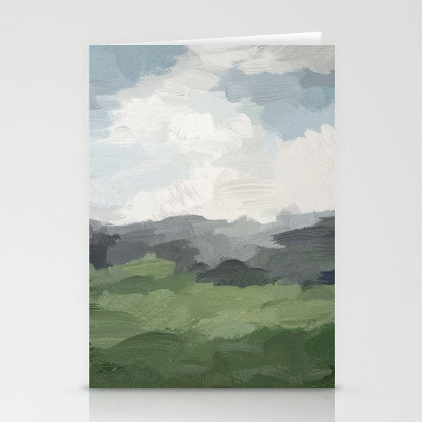 New Beginnings - Sky Blue and Forest Green Rural Country Farm Land Nature Abstract Painting Art Stationery Card Gallery Image 1