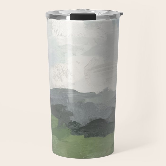 New Beginnings - Sky Blue and Forest Green Rural Country Farm Land Nature Abstract Painting Art Travel Mug Gallery Image 1