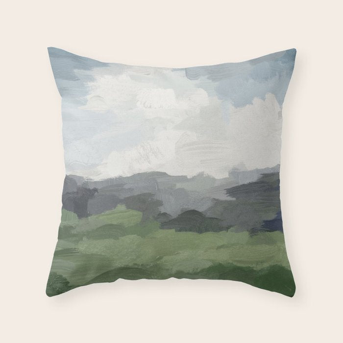 New Beginnings - Sky Blue and Forest Green Rural Country Farm Land Nature Abstract Painting Art Throw Pillow Gallery Image 6
