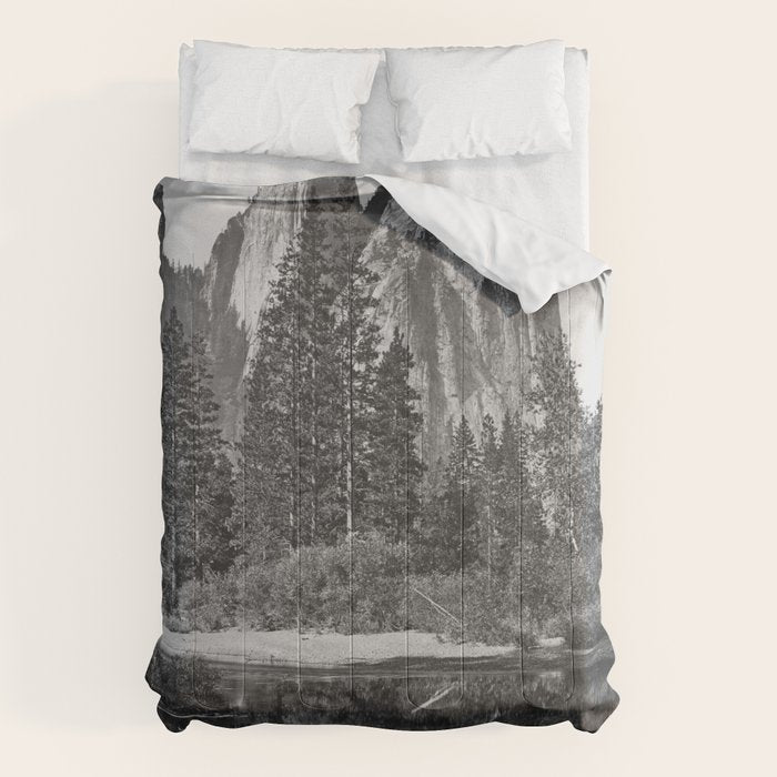 Cathedral Rocks and Reflections, Yosemite black and white photograph by Charles Leander Weed Comforter Gallery Image 6