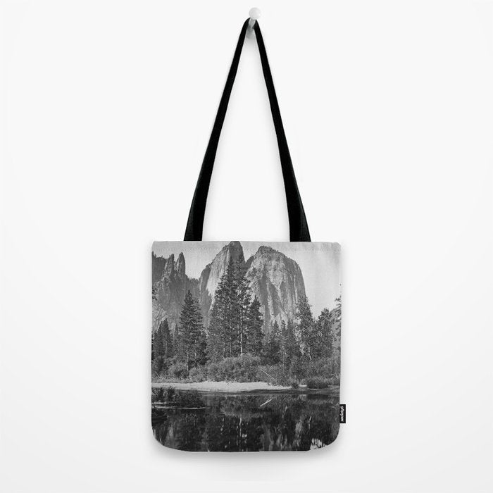 Cathedral Rocks and Reflections, Yosemite black and white photograph by Charles Leander Weed Tote Bag Gallery Image 2