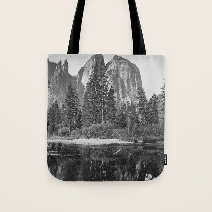 Cathedral Rocks and Reflections, Yosemite black and white photograph by Charles Leander Weed Tote Bag Gallery Image 1