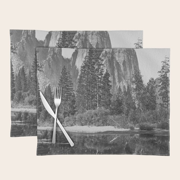 Cathedral Rocks and Reflections, Yosemite black and white photograph by Charles Leander Weed Placemat Gallery Image 1