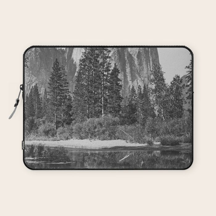 Cathedral Rocks and Reflections, Yosemite black and white photograph by Charles Leander Weed Laptop Sleeve Gallery Image 1