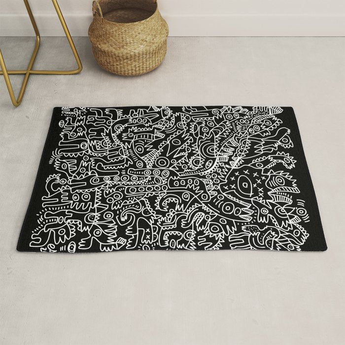 Black and White Street Art Tribal Graffiti Rug Gallery Image 1