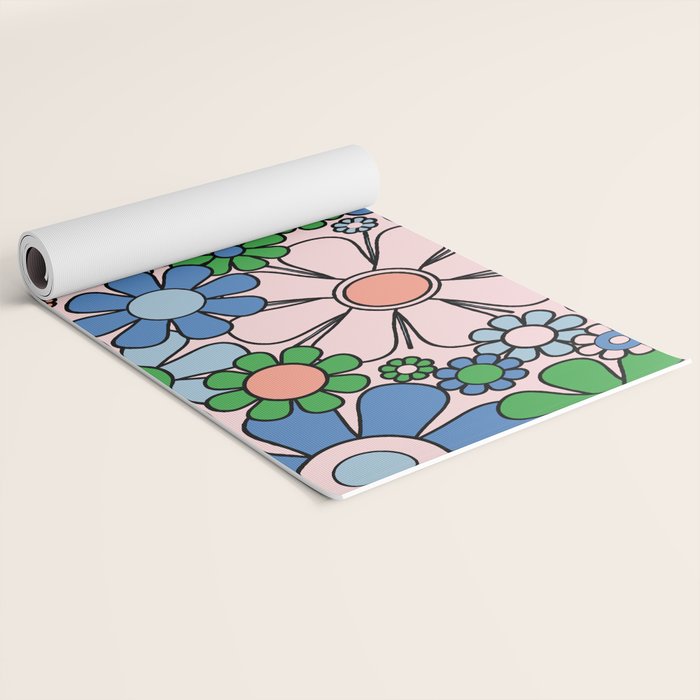 Retro Garden Flowers 60s 70s Blue Pink Green Floral Pattern Yoga Mat Gallery Image 2