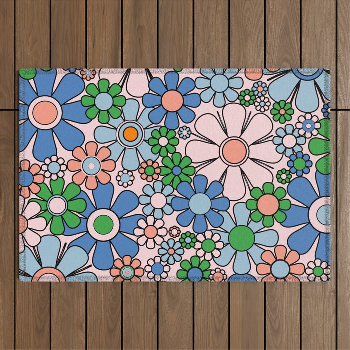 Retro Garden Flowers 60s 70s Blue Pink Green Floral Pattern Outdoor Rug Gallery Image 1