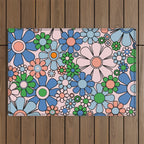 Retro Garden Flowers 60s 70s Blue Pink Green Floral Pattern Outdoor Rug Gallery Image 1