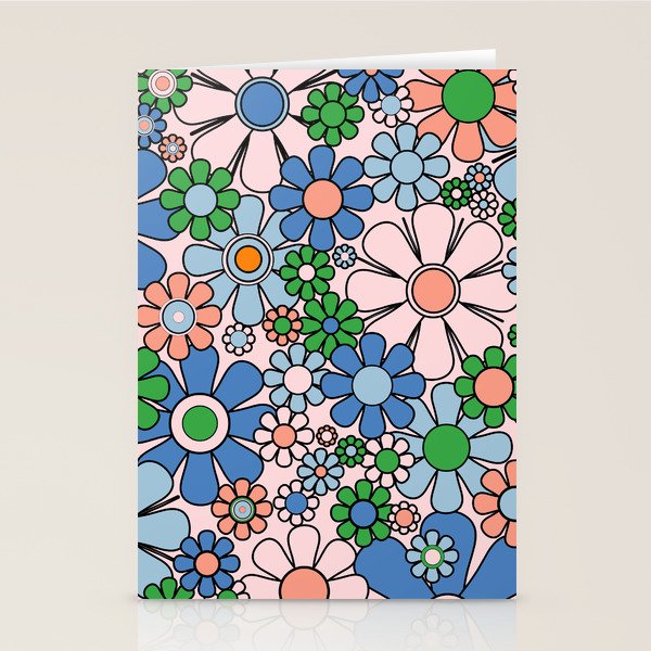 Retro Garden Flowers 60s 70s Blue Pink Green Floral Pattern Stationery Card Gallery Image 1