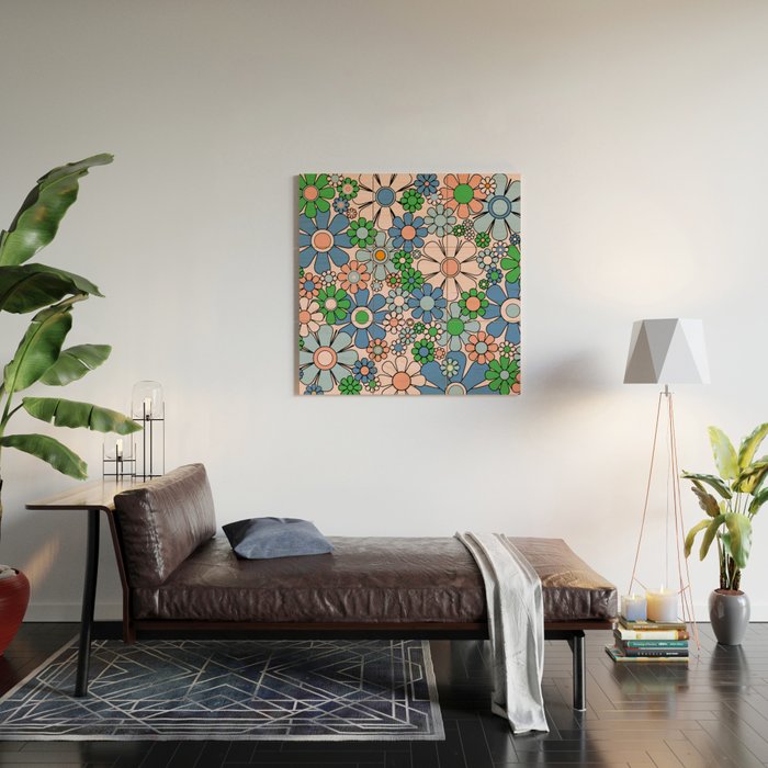 Retro Garden Flowers 60s 70s Blue Pink Green Floral Pattern Wood Wall Art Gallery Image 2