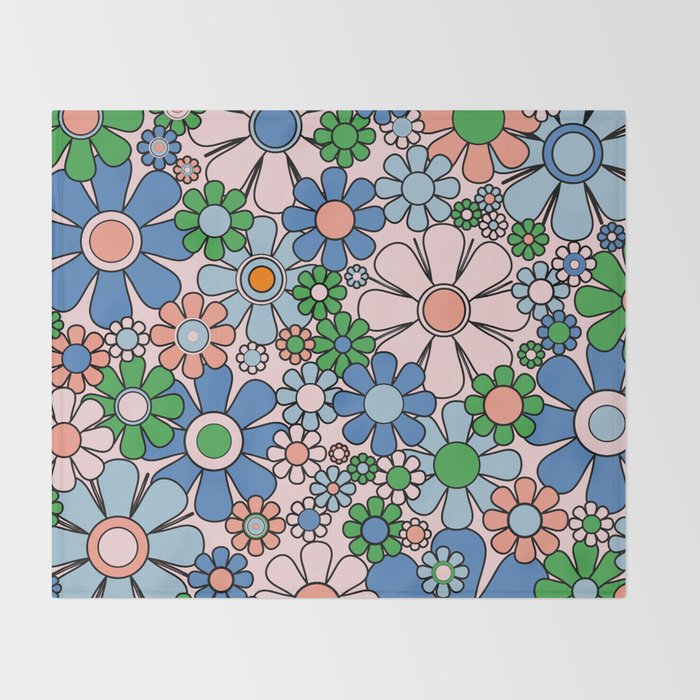 Retro Garden Flowers 60s 70s Blue Pink Green Floral Pattern Throw Blanket Gallery Image 2