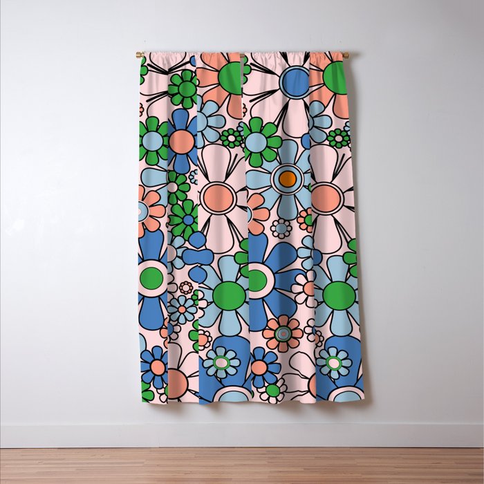 Retro Garden Flowers 60s 70s Blue Pink Green Floral Pattern Window Curtain Gallery Image 3