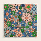 Retro Garden Flowers 60s 70s Blue Pink Green Floral Pattern Wood Wall Art Gallery Image 1