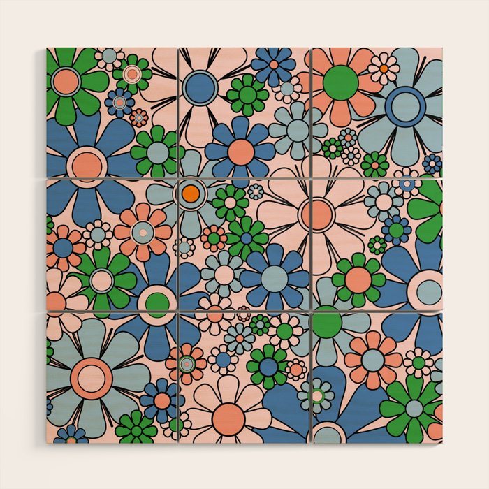 Retro Garden Flowers 60s 70s Blue Pink Green Floral Pattern Wood Wall Art Gallery Image 1