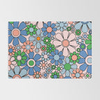 Retro Garden Flowers 60s 70s Blue Pink Green Floral Pattern Rug Gallery Image 2