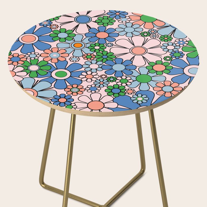 Retro Garden Flowers 60s 70s Blue Pink Green Floral Pattern Side Table Gallery Image 2