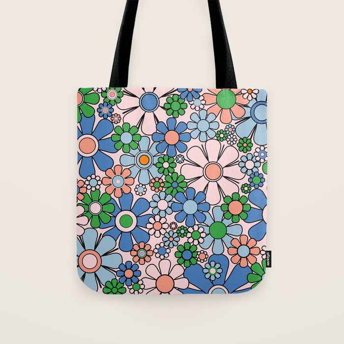 Retro Garden Flowers 60s 70s Blue Pink Green Floral Pattern Tote Bag Gallery Image 1