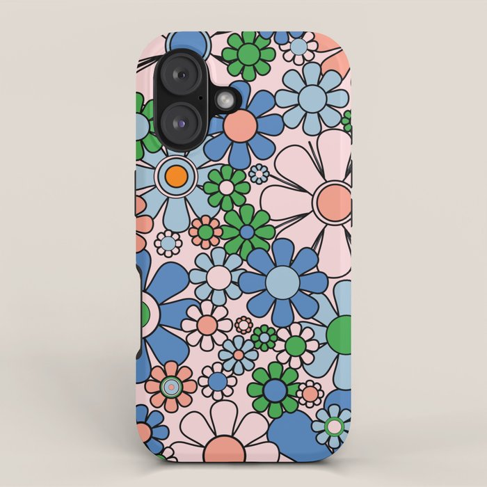 Retro Garden Flowers 60s 70s Blue Pink Green Floral Pattern iPhone Case Gallery Image 1