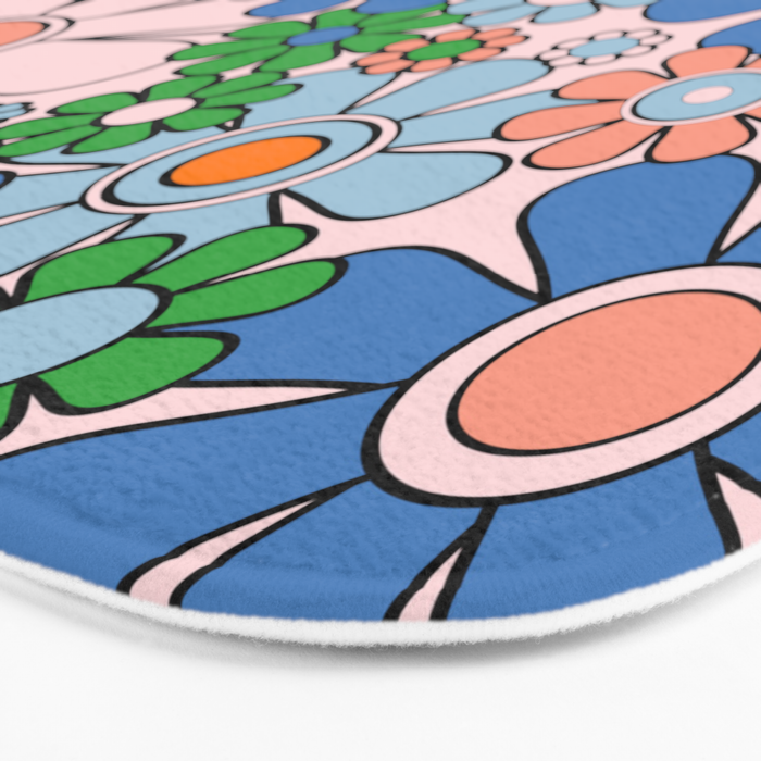 Retro Garden Flowers 60s 70s Blue Pink Green Floral Pattern Bath Mat Gallery Image 3