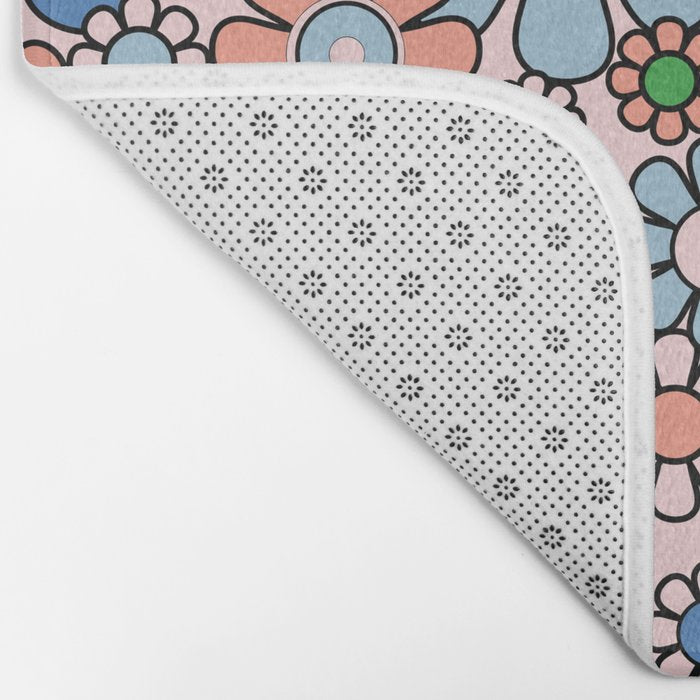 Retro Garden Flowers 60s 70s Blue Pink Green Floral Pattern Bath Mat Gallery Image 2