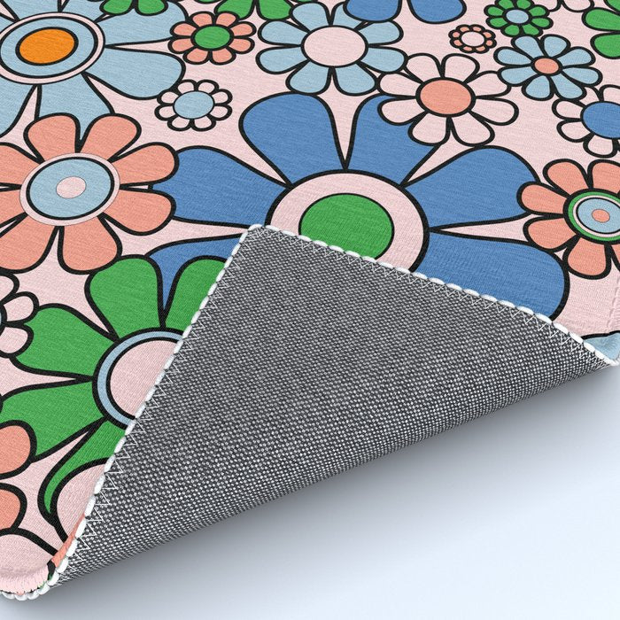 Retro Garden Flowers 60s 70s Blue Pink Green Floral Pattern Rug Gallery Image 4