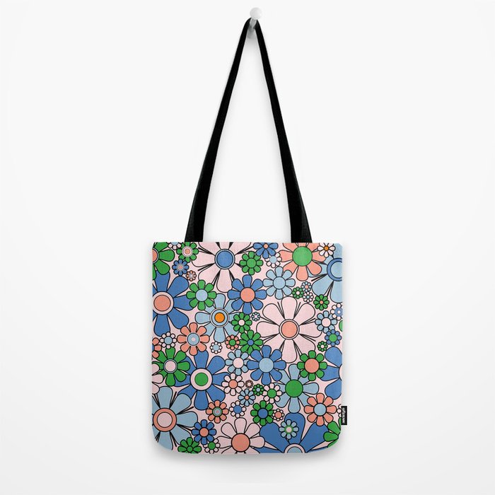 Retro Garden Flowers 60s 70s Blue Pink Green Floral Pattern Tote Bag Gallery Image 2