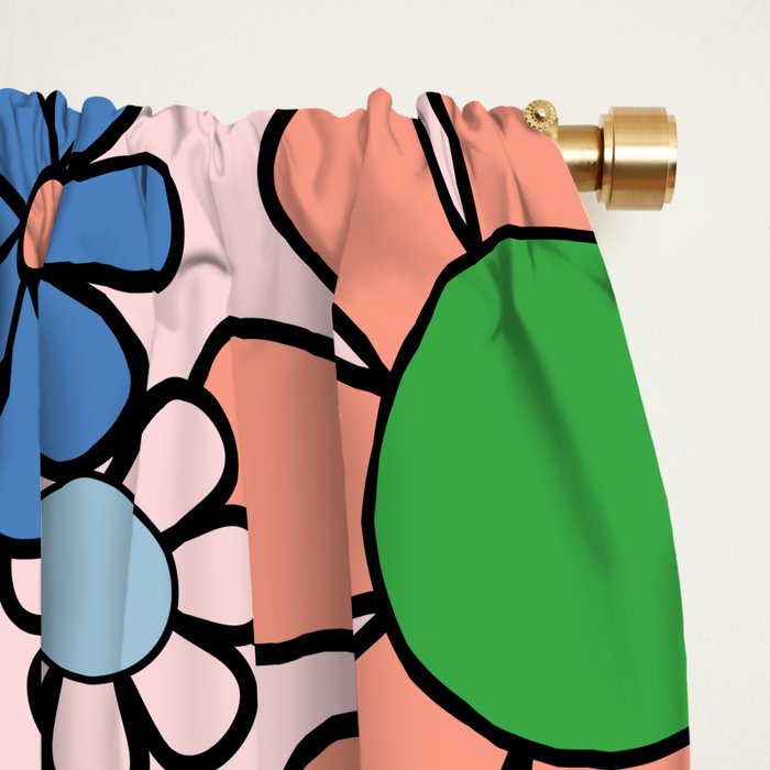 Retro Garden Flowers 60s 70s Blue Pink Green Floral Pattern Window Curtain Gallery Image 2
