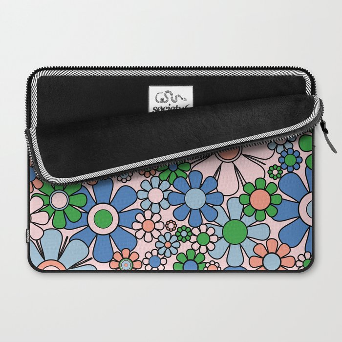 Retro Garden Flowers 60s 70s Blue Pink Green Floral Pattern Laptop Sleeve Gallery Image 2